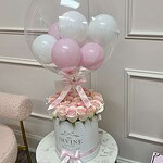 Fresh Flower Box Hot Air Balloon by My Divine Decors: clear bubble balloon with pink and white balloons over a white box of pink roses