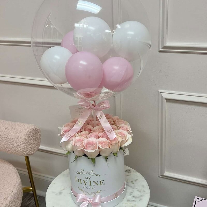 Fresh Flower Box Hot Air Balloon by My Divine Decors: clear bubble balloon with pink and white balloons over a white box of pink roses