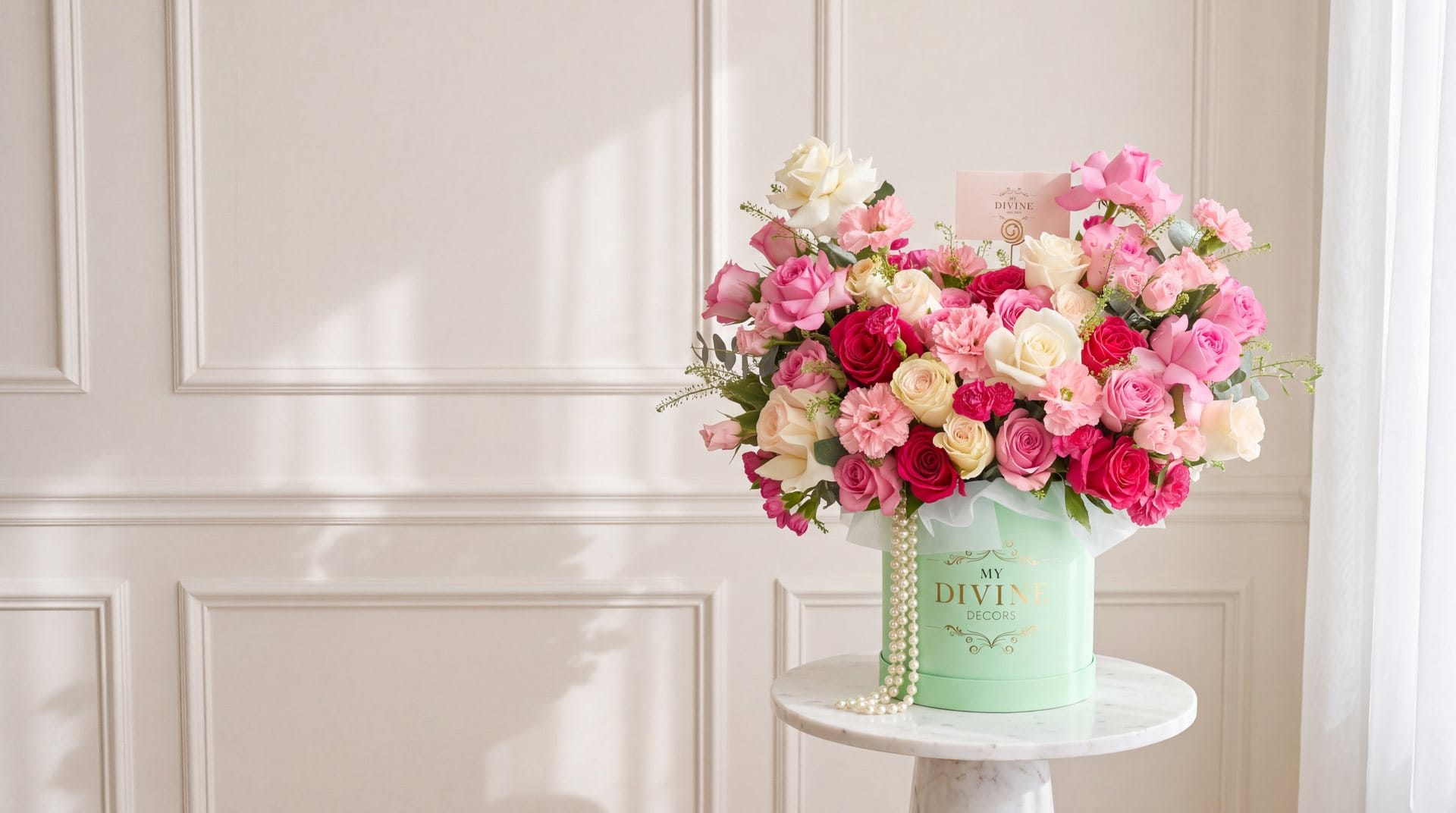 La Vie en Chanel mint hat box of pink, red and white roses with carnations and pearls by My Divine Decors in a Miami salon