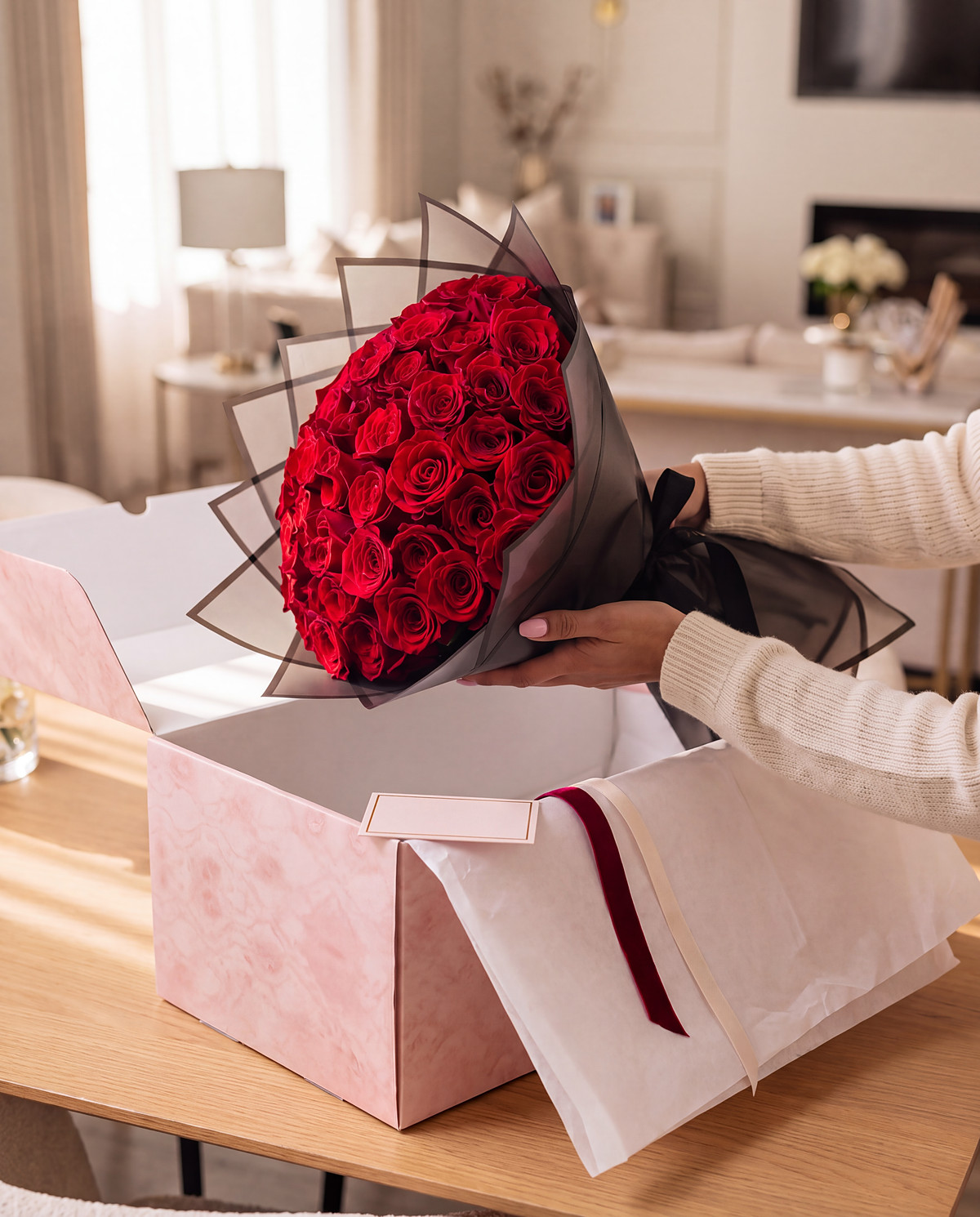 Fresh red rose bouquet unboxed from its My Divine Decors shipping box (video)
