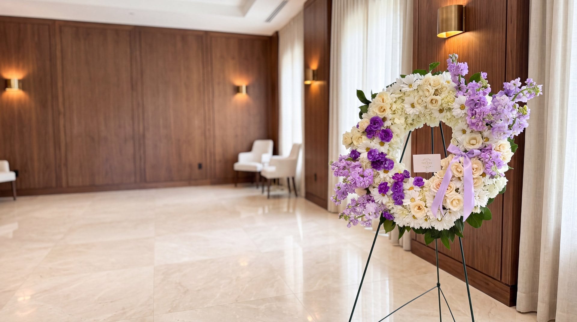 Eternal Lavender Tribute wreath by My Divine Decors with white and cream roses, daisies and lavender stock on an easel in a quiet Miami funeral home viewing room