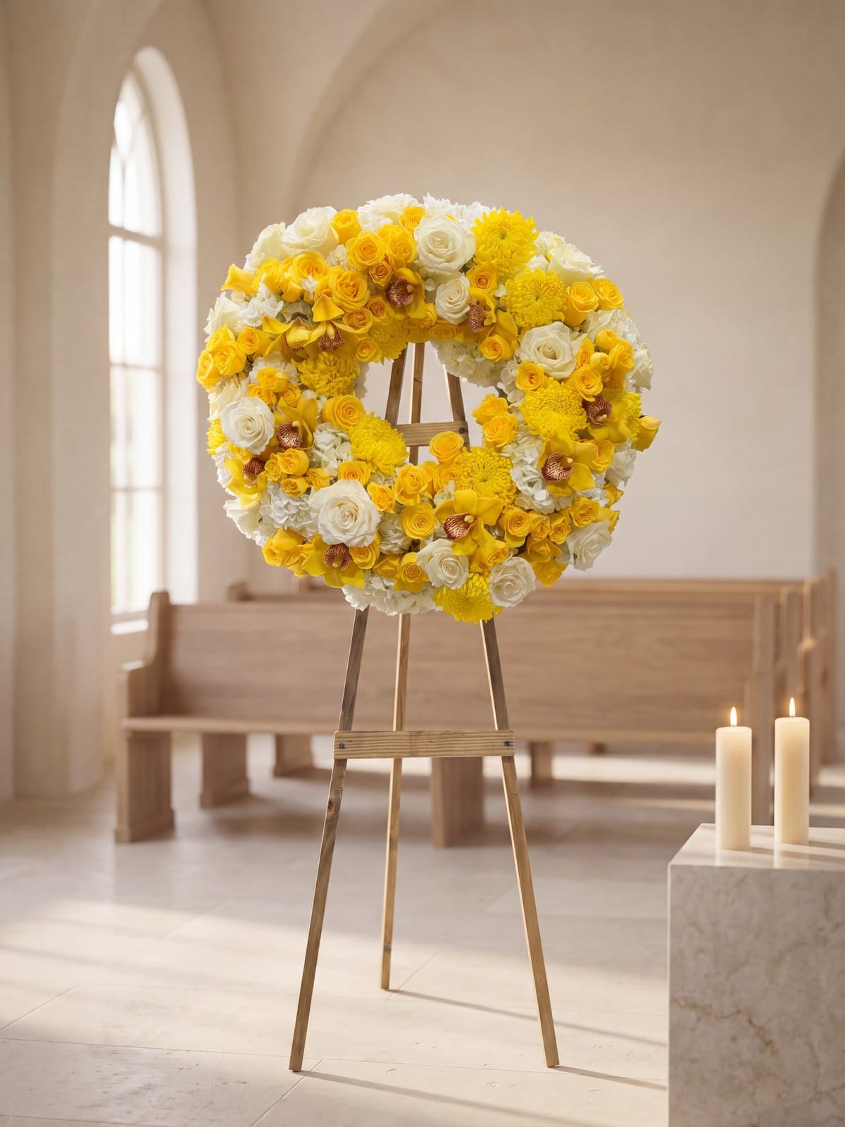 Corona funeraria amarilla y marfil de My Divine Decors en un caballete de madera junto a las bancas y las velas de una capilla