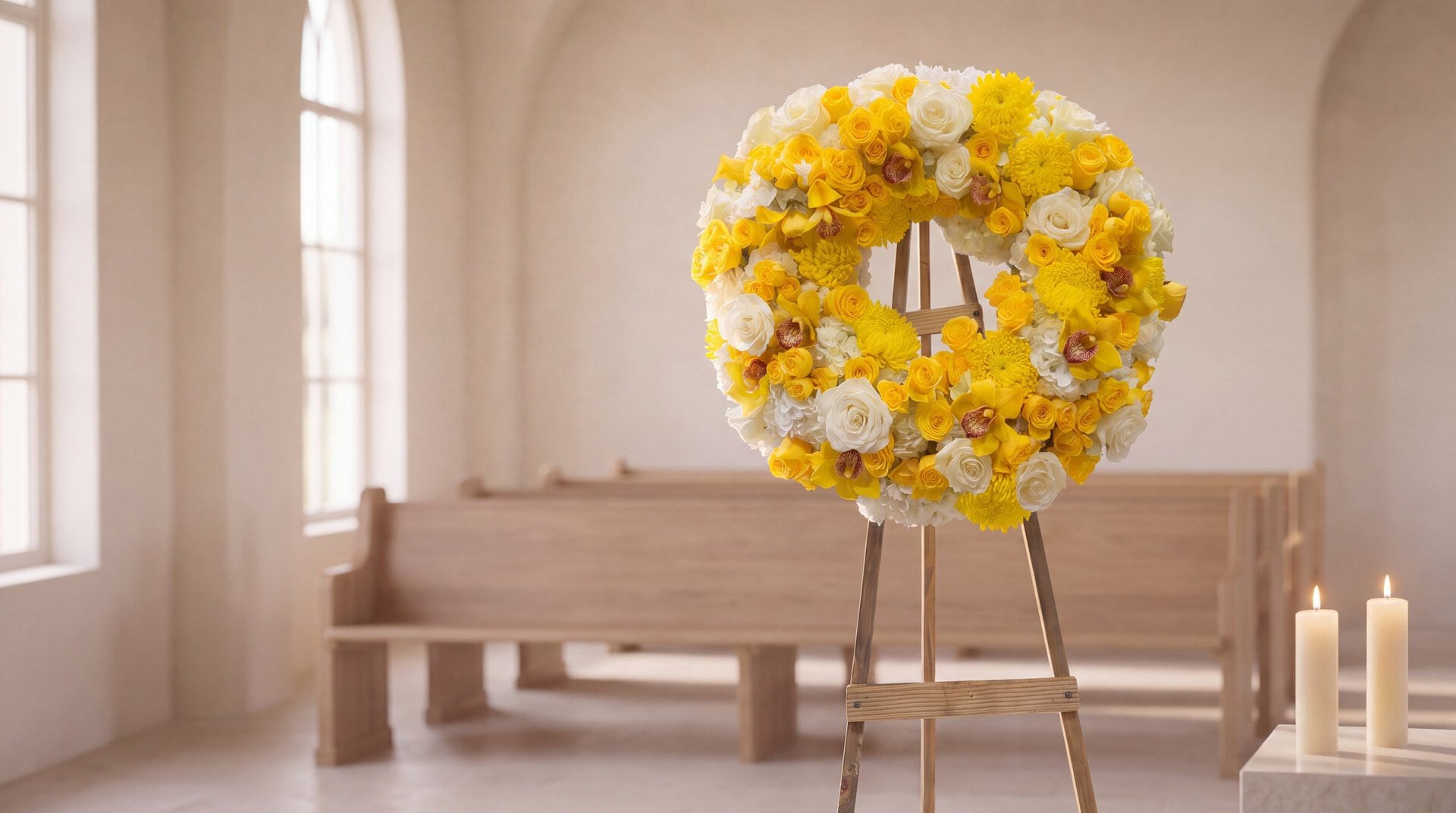 Yellow and ivory sympathy wreath of roses and cymbidium orchids on an easel in a sunlit chapel with candles, by My Divine Decors