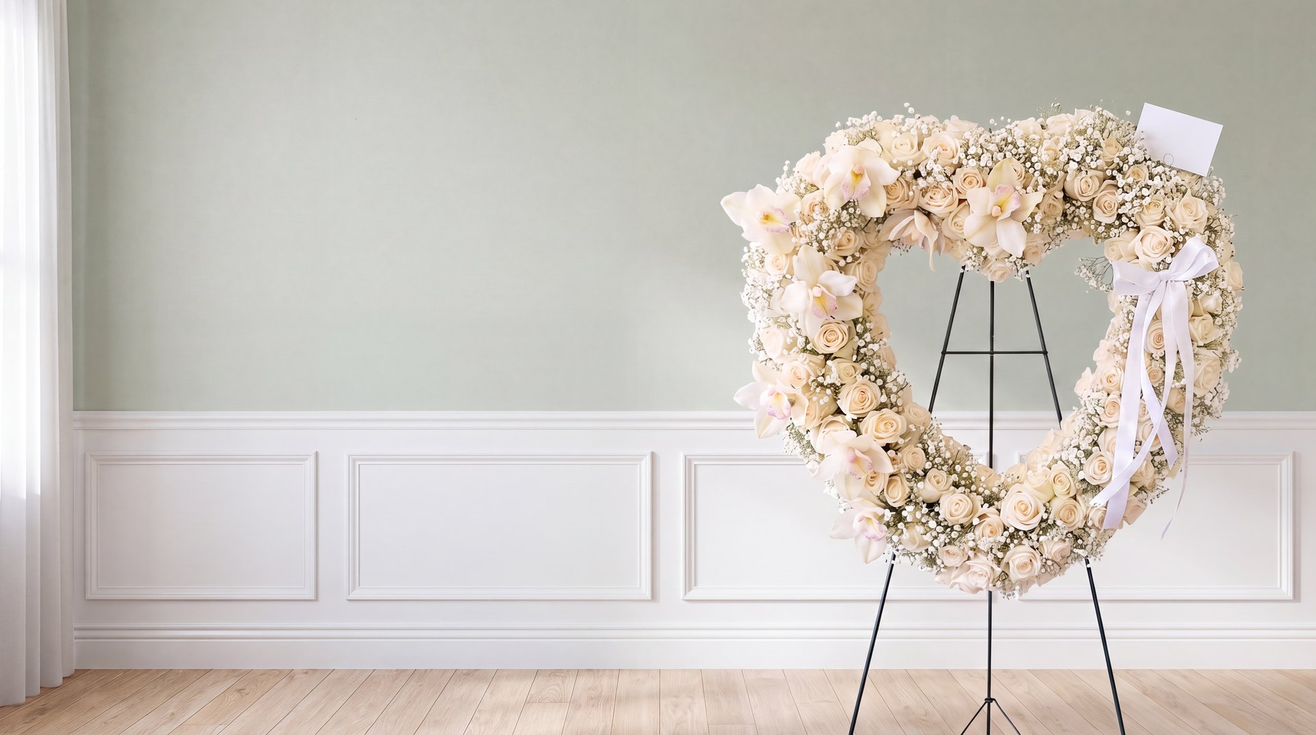 White heart sympathy wreath of cream roses, white cymbidium orchids and babyโs breath on a black easel, with a plain white satin bow, against a soft sage green wall with white wainscoting