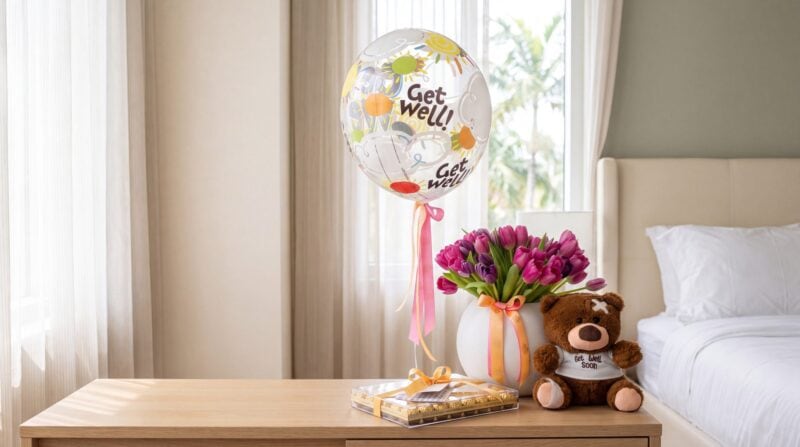 Get well gift by My Divine Decors: tulips in a white vase, a Get well bubble balloon, Ferrero Rocher chocolates and a Get Well Soon teddy bear in a Miami hospital suite