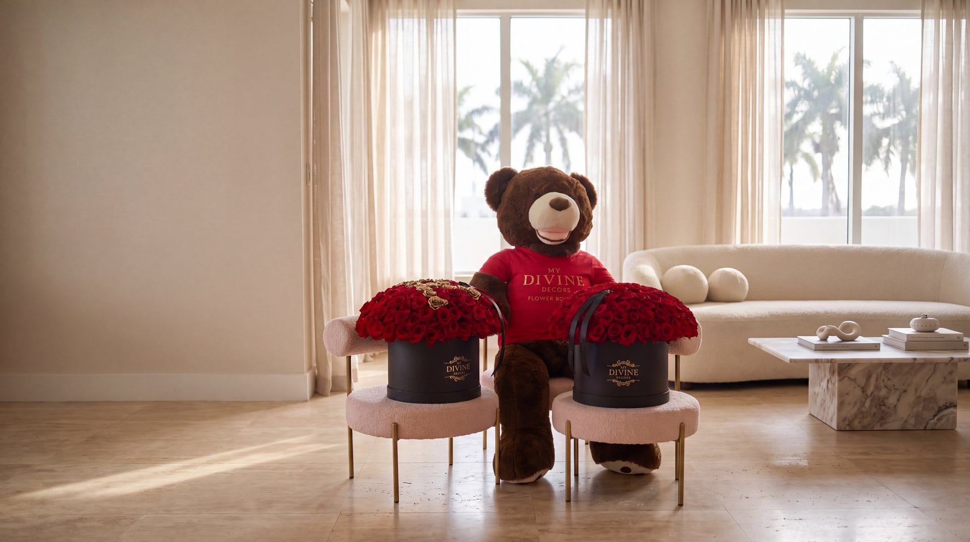 Oso de peluche gigante café con camiseta roja de My Divine Decors entre dos cajas sombrero negras de rosas rojas en una sala luminosa de Miami