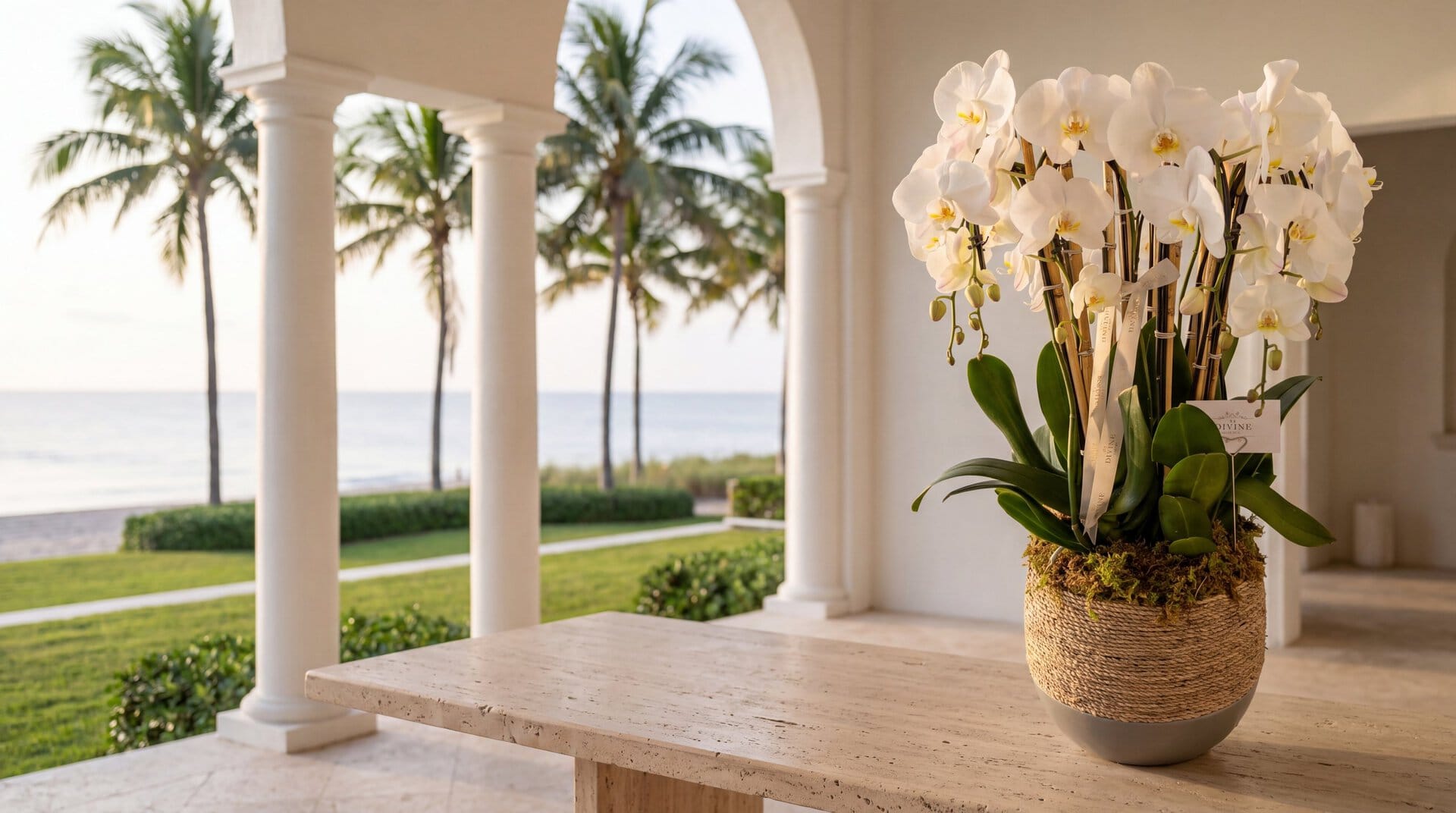 Organic Orchid Planter by My Divine Decors with seven white phalaenopsis in a woven bowl on a travertine table in the loggia of an oceanfront home in Golden Beach