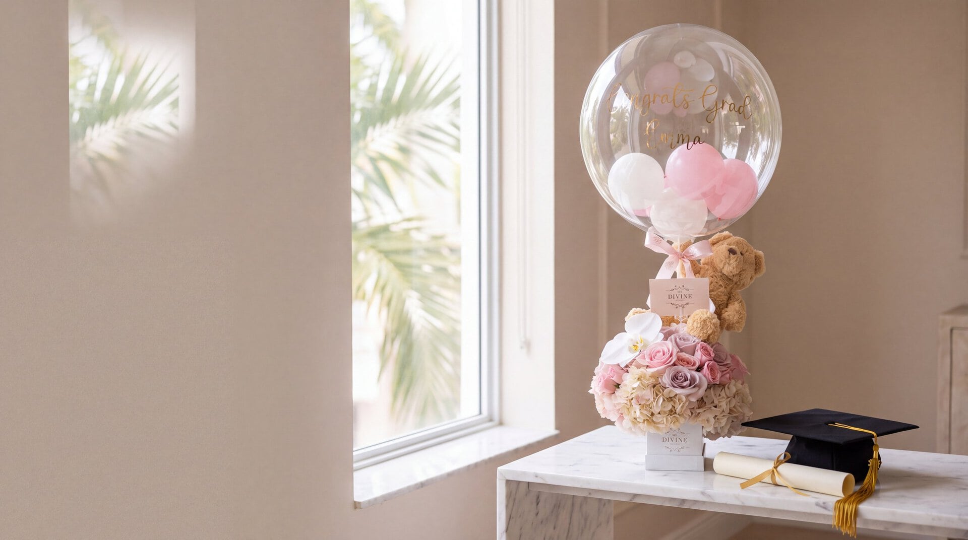 My Divine Decors graduation arrangement of pink and lavender roses, white orchid, hydrangea, teddy bear and a Congrats Grad bubble balloon beside a cap and diploma