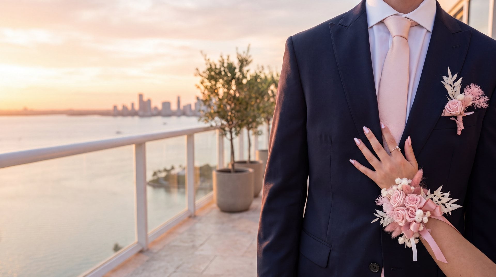 Corsage de muñeca de rosas rosa empolvado y boutonnière a juego de My Divine Decors sobre un traje azul marino en una terraza de Miami al atardecer