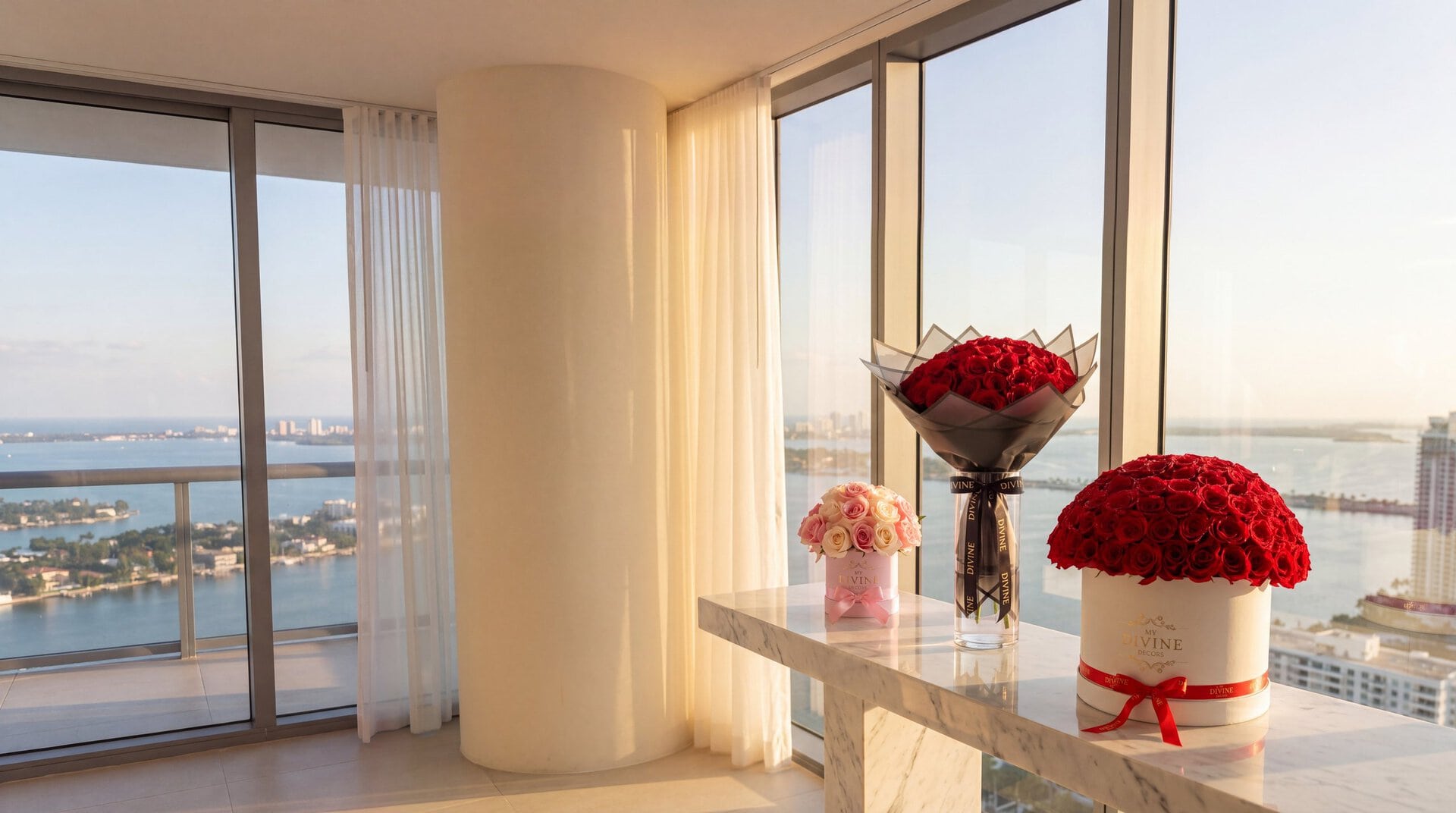 A pink My Divine Decors hat box of 25 pink and ivory roses, a red-rose Ramo Buchon in black wrap in a glass vase and a white round box of 100 red roses on a marble console in a Brickell penthouse overlooking Biscayne Bay