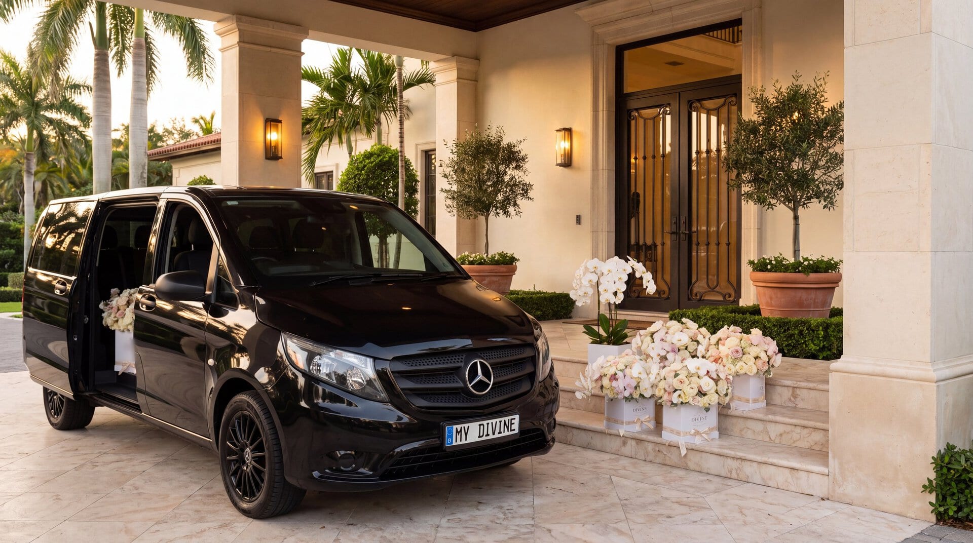 A black My Divine Decors Mercedes delivery van with a MY DIVINE plate at the entrance of a Coral Gables home, with rose and orchid arrangements in MY DIVINE DECORS boxes on the steps