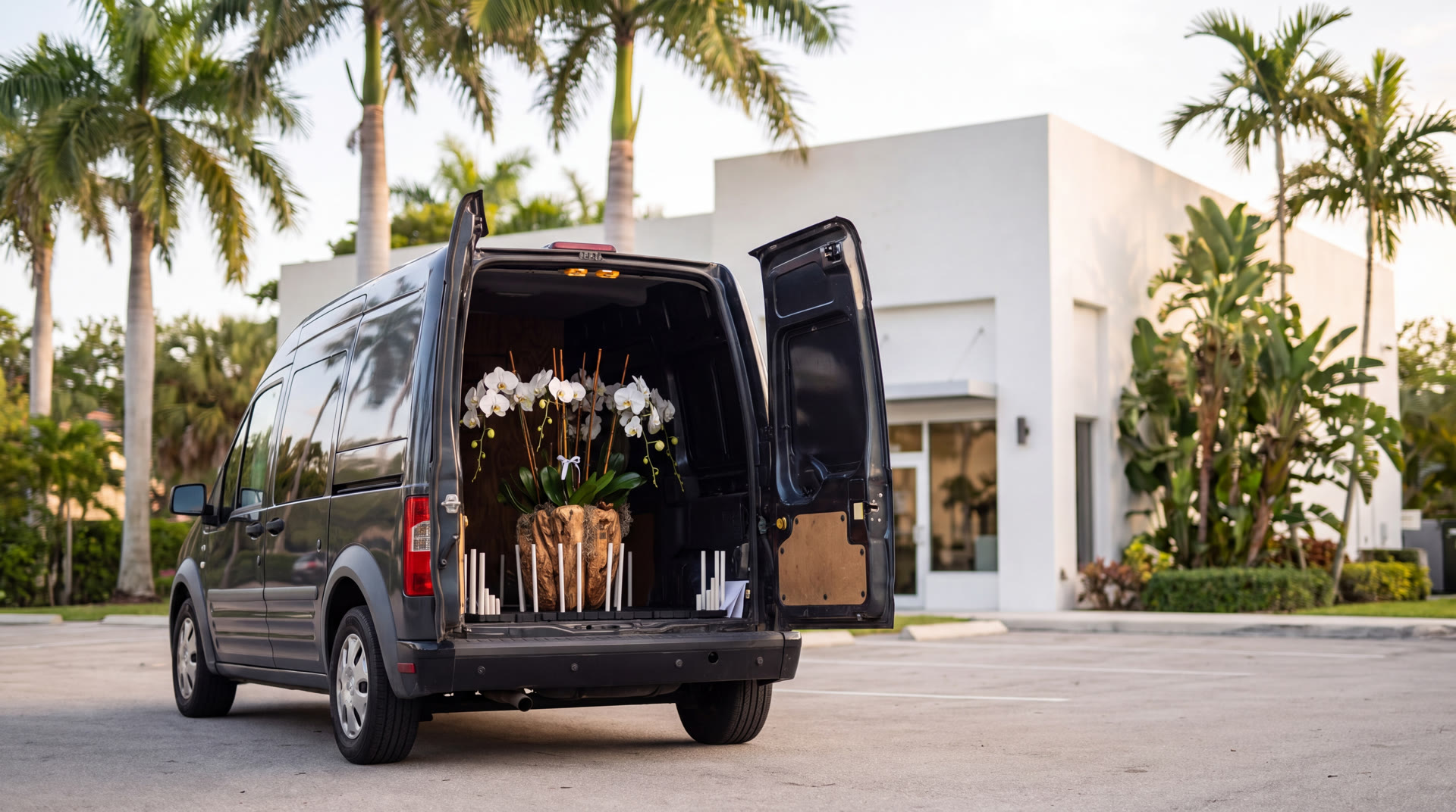 My Divine Decors delivery van with an orchid arrangement secured upright, outside the Doral studio in Miami