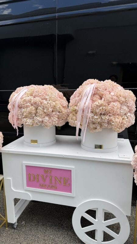 Dos cajas de hortensias en el carrito blanco de flores MY DIVINE