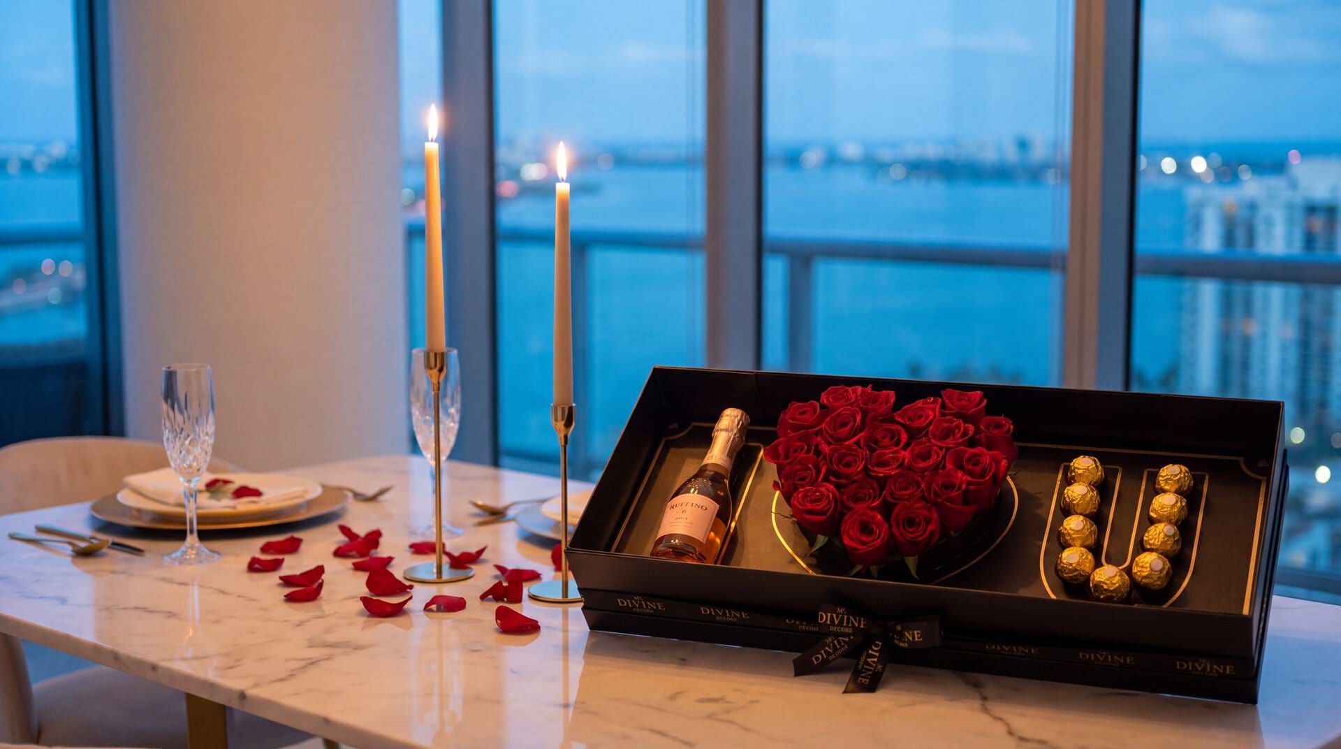 I Love You Gift Box by My Divine Decors with a heart of red roses, a U of Ferrero Rocher chocolates and a mini bottle, on a candlelit dinner table in a Miami penthouse facing the bay