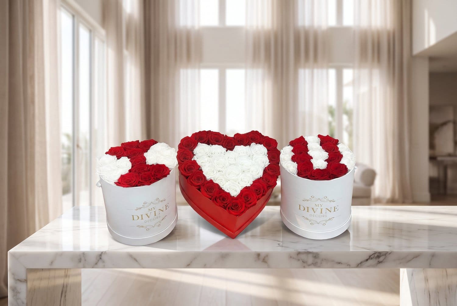 I Love You set in preserved red and white roses
