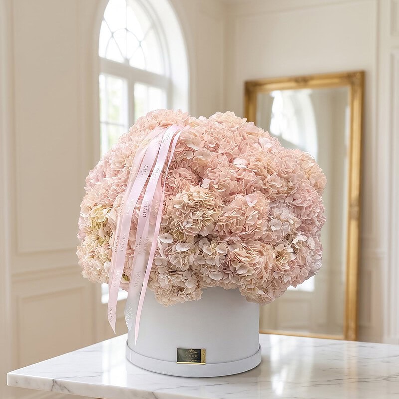 Caja Grand Deluxe Enamorada de Hortensias con 70 a 80 hortensias rosadas