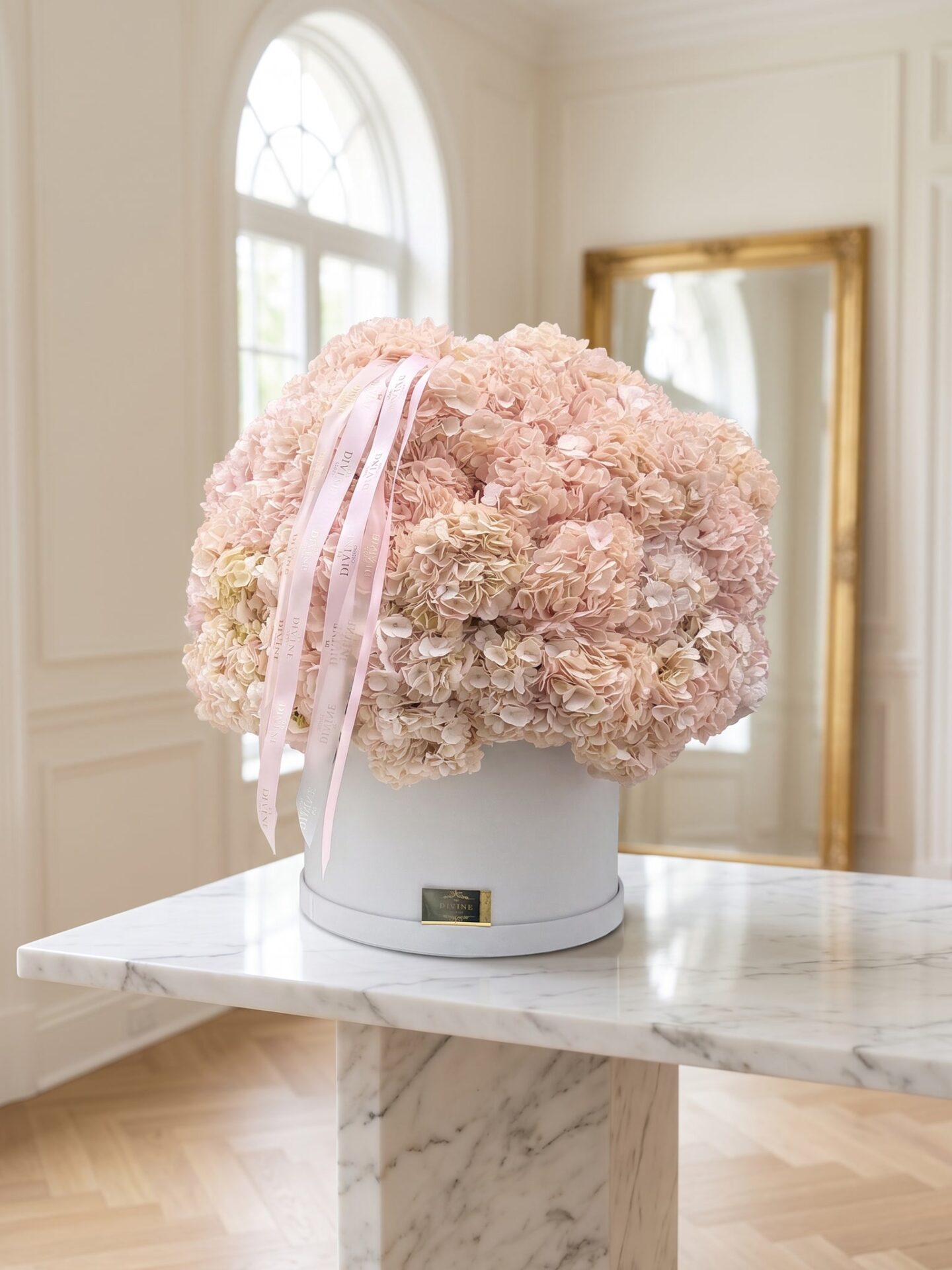 In Love with Hydrangeas Grand Deluxe Box In Love with Hydrangeas Grand Deluxe Box with 70 to 80 blush pink hydrangeas