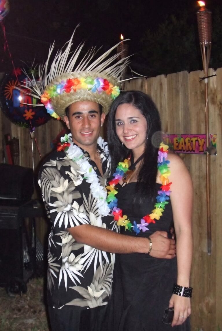Jessica and Nelson at a backyard luau party