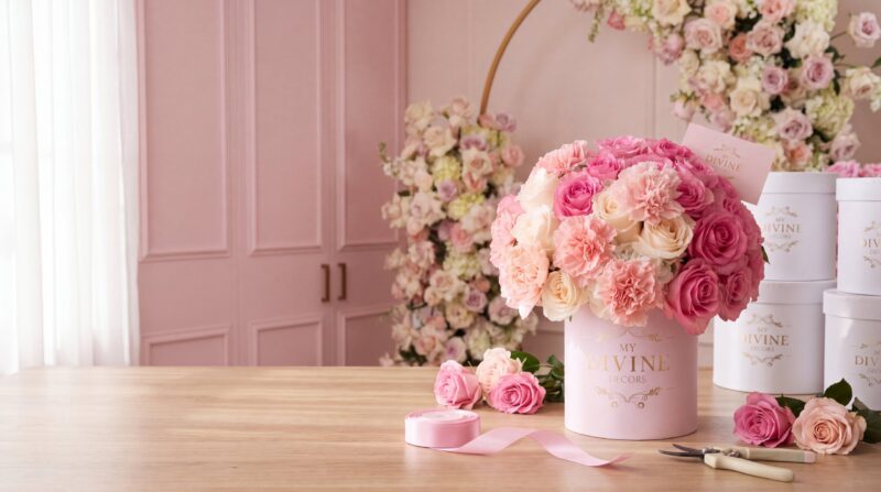 Marianne pink hat box finished on the florist worktable at the My Divine Decors boutique by Doral