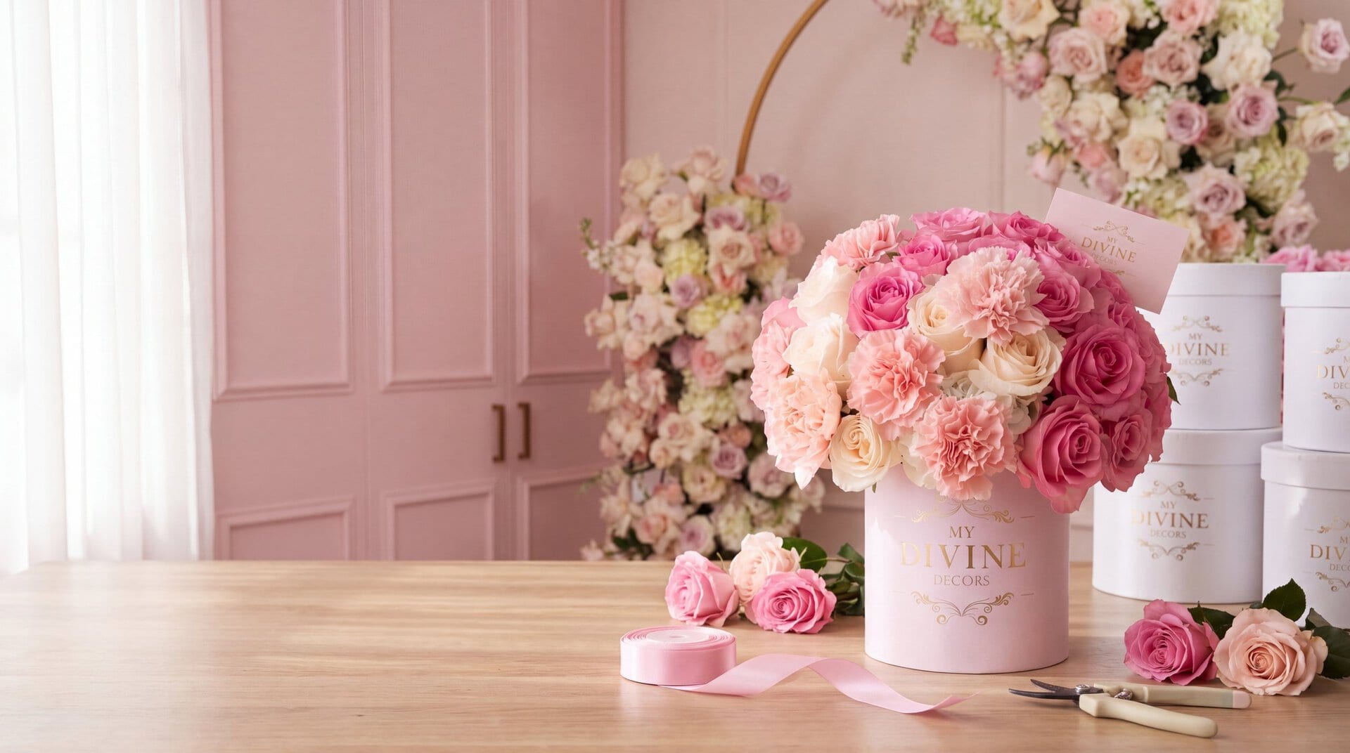 Marianne pink hat box finished on the florist worktable at the My Divine Decors boutique by Doral