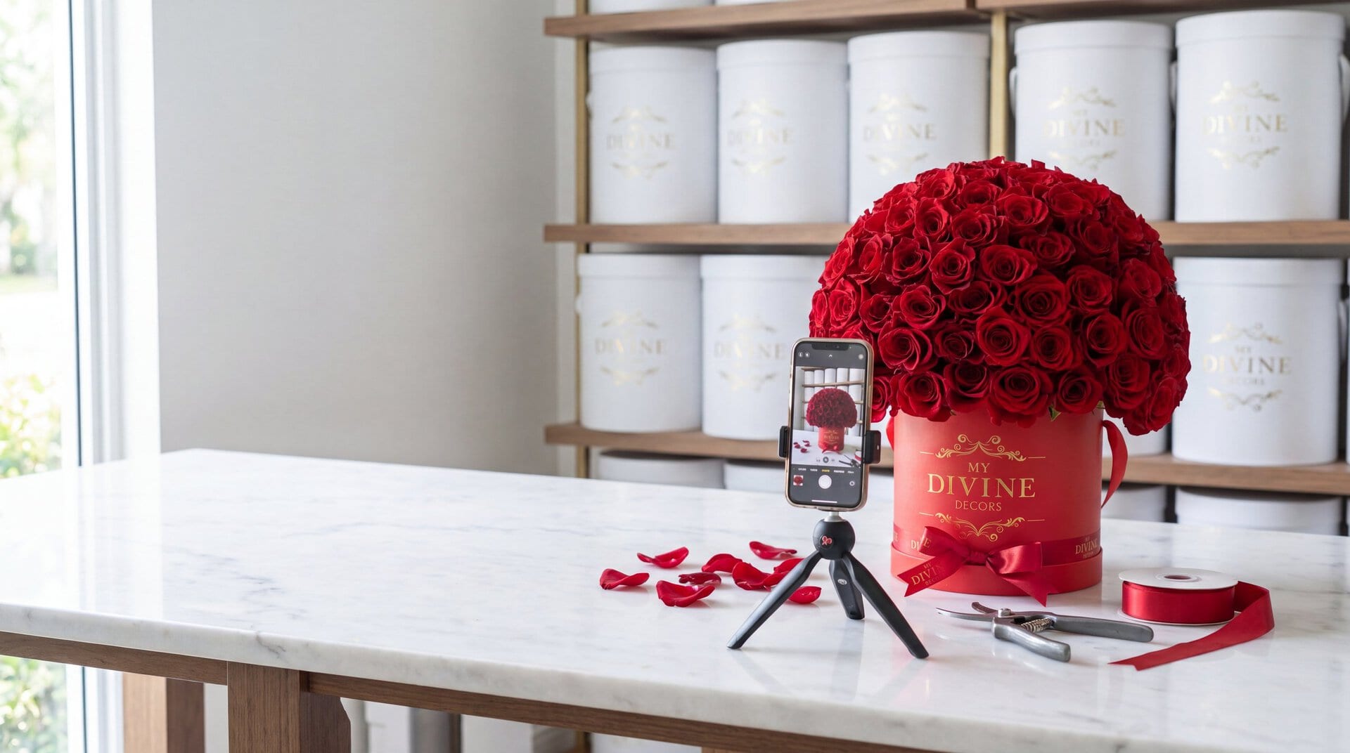 A red My Divine Decors signature box with 100 red roses on a marble workbench in the studio, with a phone on a small tripod taking its photo before delivery and stacks of white hat boxes behind