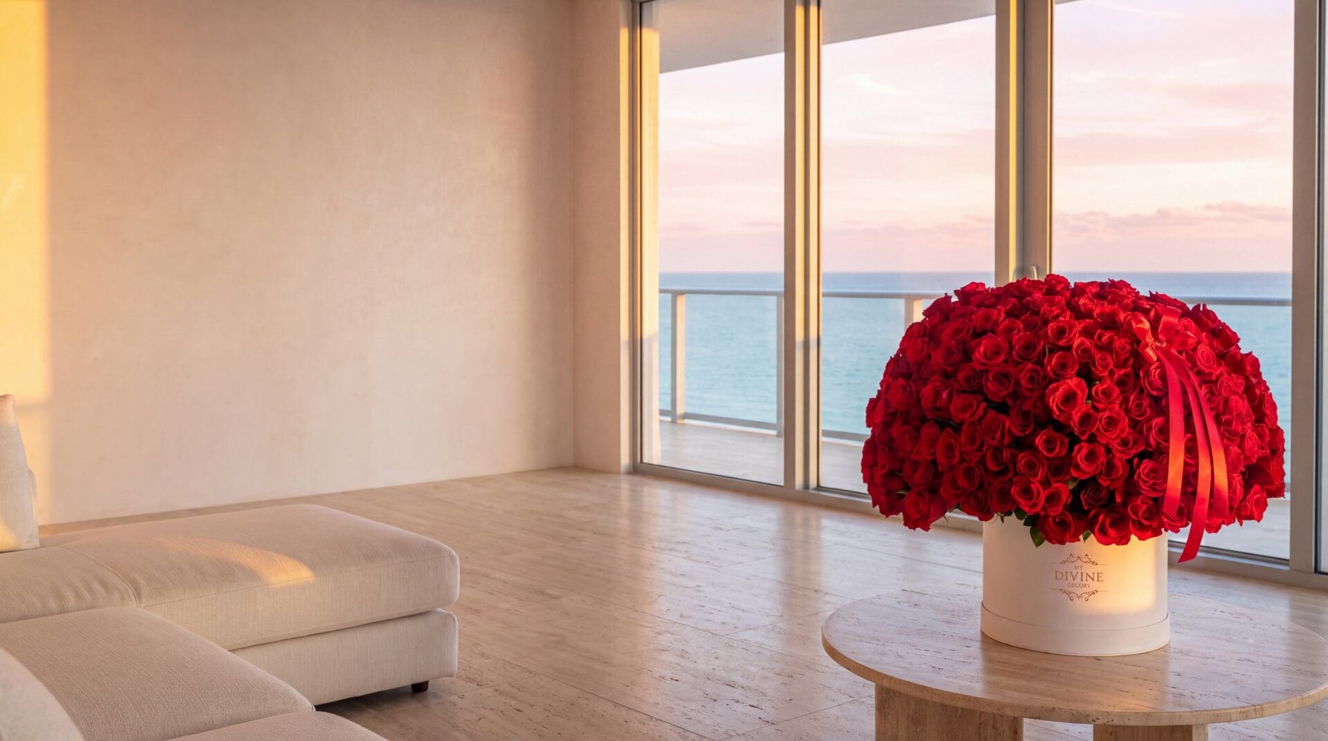 A My Divine Decors grand white box with about 400 deep red roses on a travertine table in an oceanfront Miami Beach penthouse at golden hour