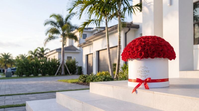 Caja redonda de 100 rosas rojas de My Divine Decors en la entrada de una casa en Doral