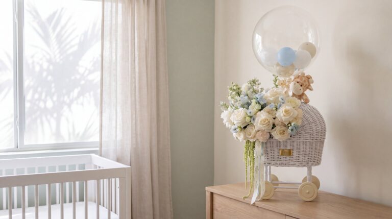Luxury Floral Baby Bassinet Stroller by My Divine Decors with white roses, pale blue flowers and a bubble balloon on a dresser in a Miami nursery
