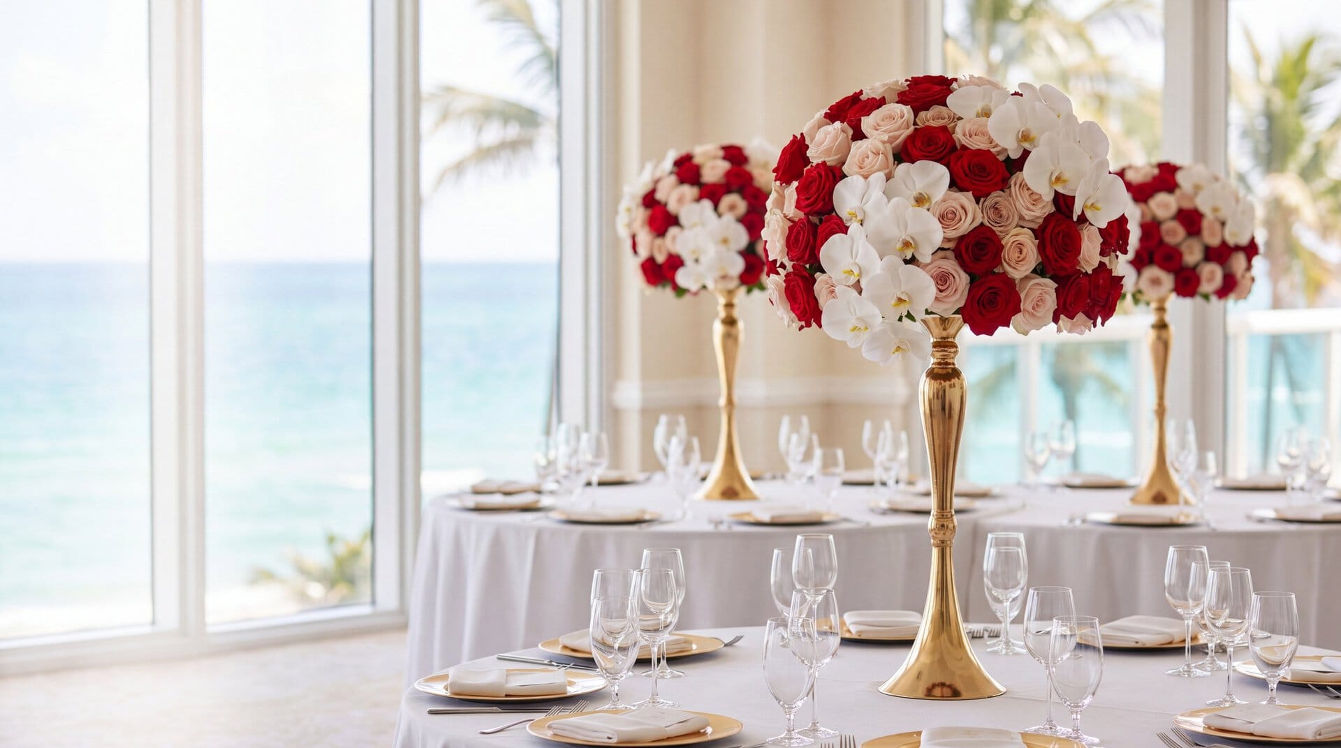 Centerpieces of red and blush roses with white phalaenopsis orchids on tall gold bases, set on luncheon tables facing the ocean in Miami Beach