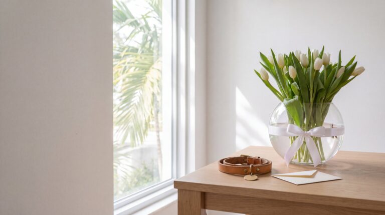 White tulips in a round glass vase with a white satin bow on an oak table by a window, next to a worn leather dog collar and a closed envelope