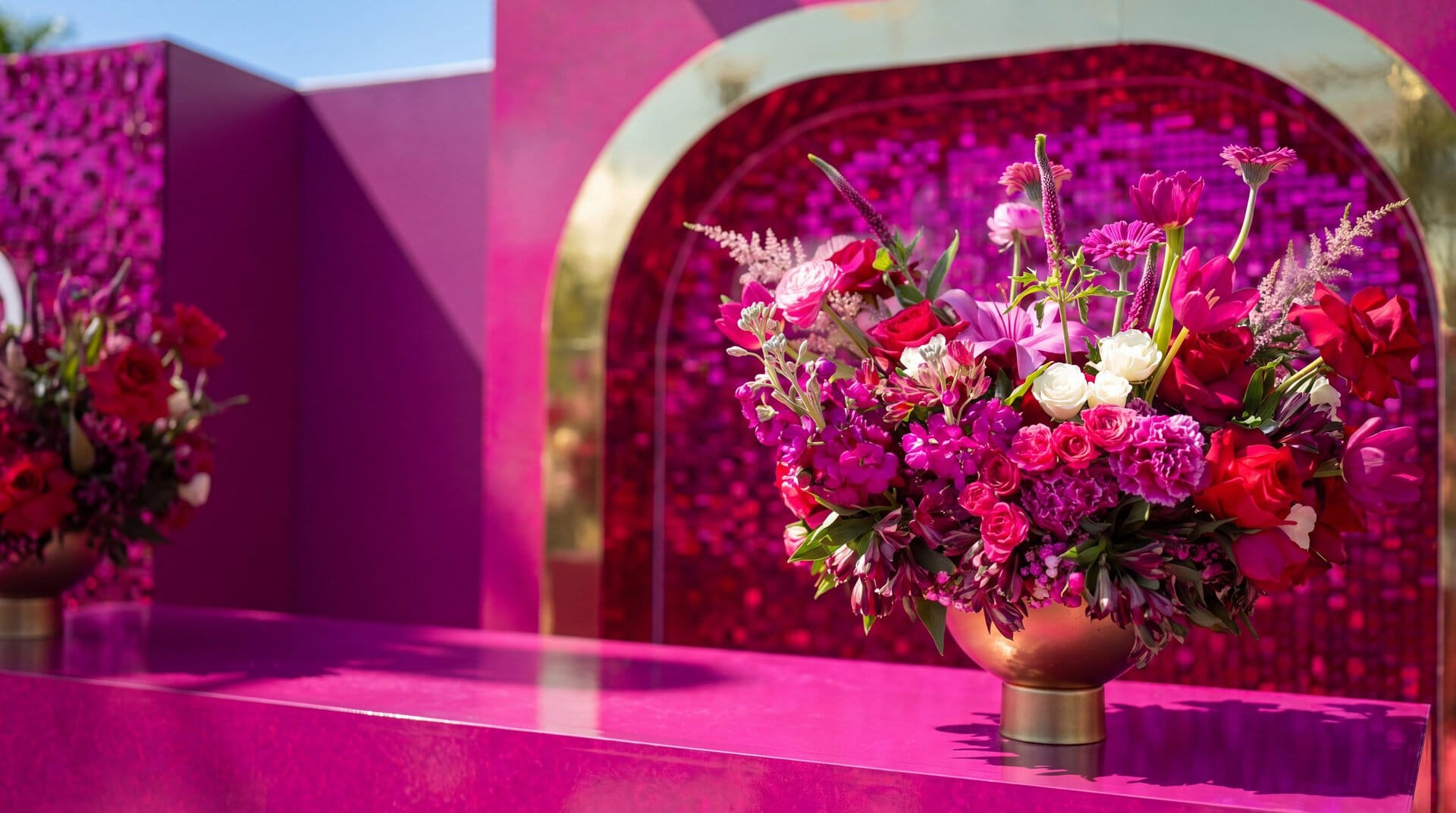 A magenta, red and white arrangement in a gold footed bowl on a magenta check-in counter in front of a gold arch and a sequin wall at a Premio Lo Nuestro activation in Miami