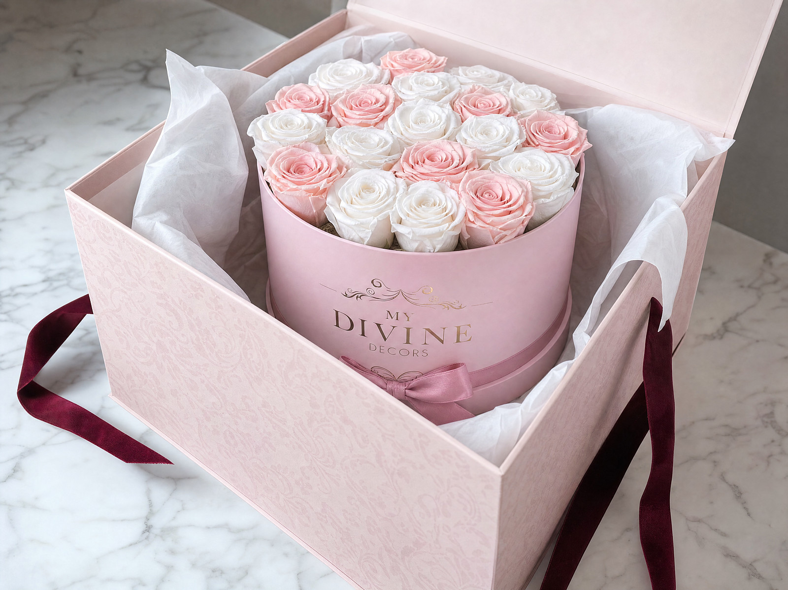 Pink My Divine Decors hat box of preserved white and blush roses packed in its shipping box