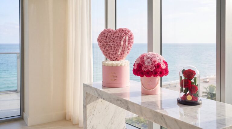 A pink My Divine Decors box with a heart of pink preserved roses, a pink hat box of pink and fuchsia preserved roses with a pearl string and a glass dome of three red preserved roses on a marble console in a Bal Harbour condo overlooking the ocean