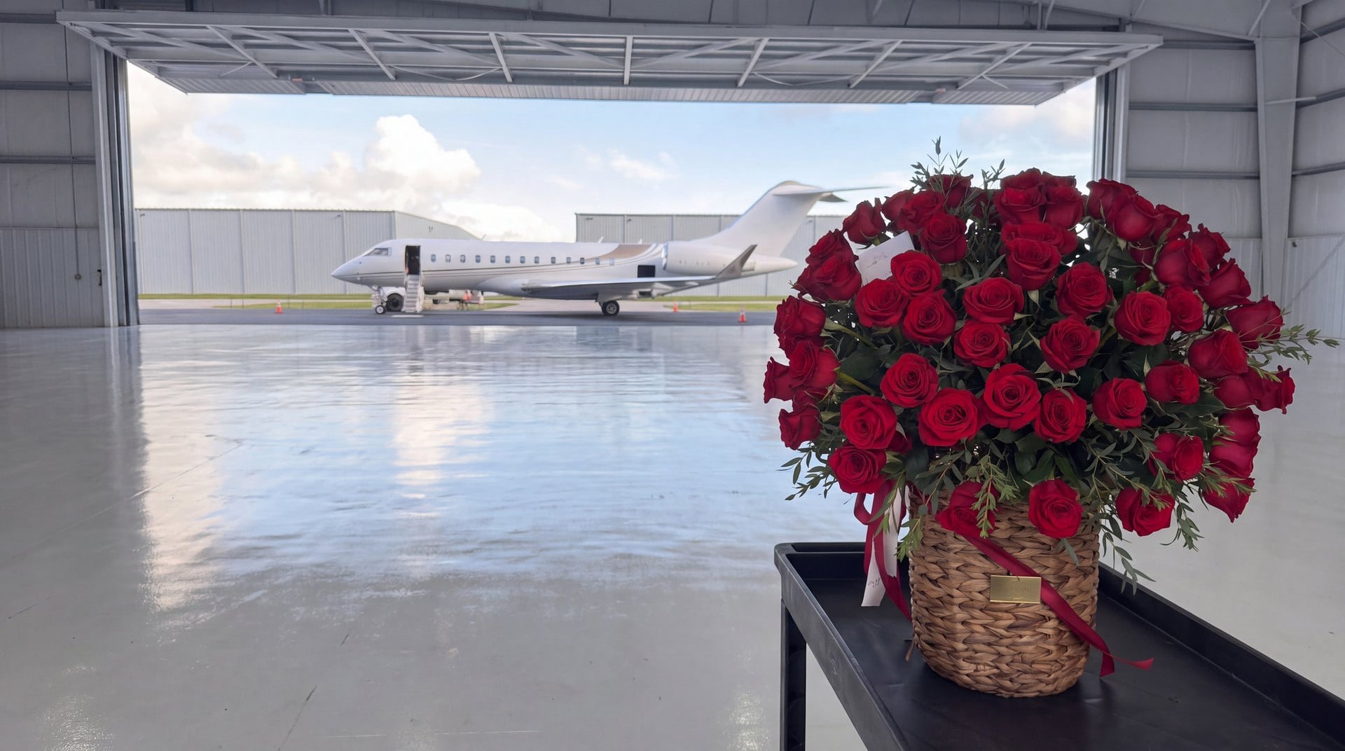 Woven basket of red roses with a red satin ribbon on a cart inside a hangar, with a white private jet on the apron behind it, by My Divine Decors in Miami
