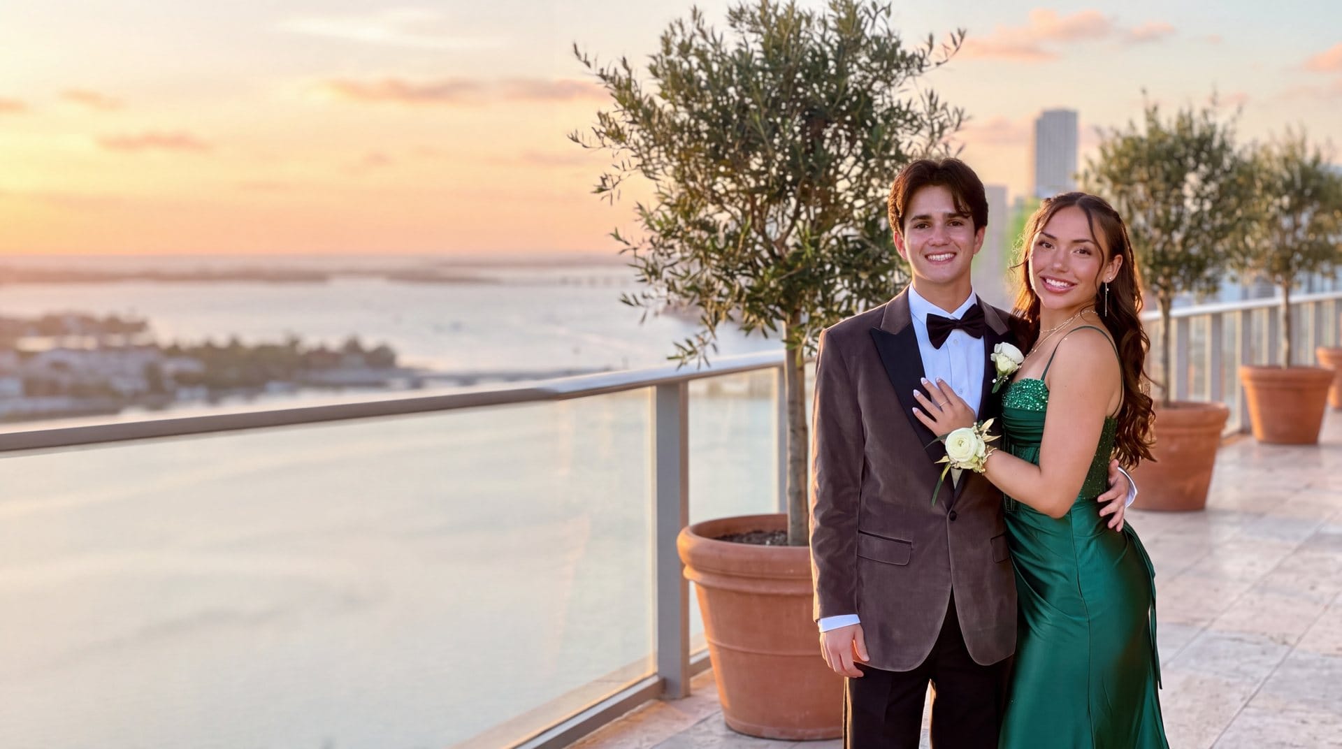 Prom couple on a Miami rooftop terrace at sunset, she wears a white ranunculus wrist corsage and he a white rose boutonniere by My Divine Decors