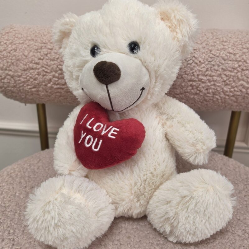 Osito de peluche crema con corazón rojo de peluche bordado I Love You