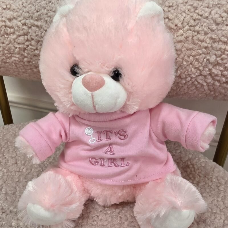 Osita de peluche rosada con camiseta rosada de manga larga bordada It's a Girl