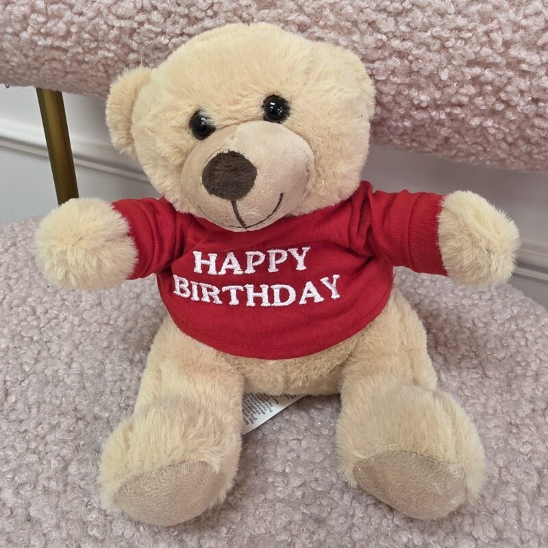 Osito de peluche miel con camiseta roja Happy Birthday