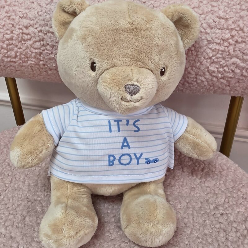 Osito de peluche Little Me color miel con camiseta a rayas azules It's a Boy y carrito