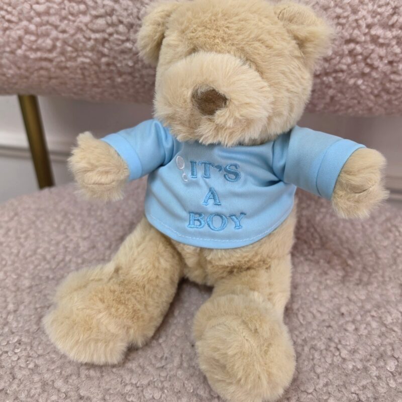 Osito de peluche miel con camiseta celeste bordada It's a Boy