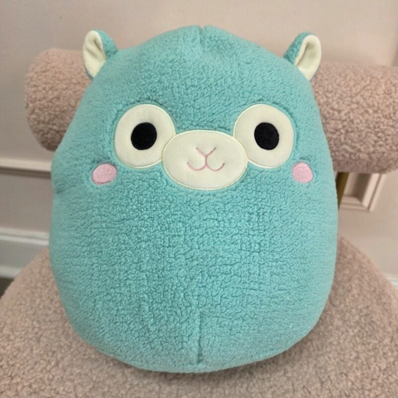 Llama de peluche turquesa redondita con cachetes rosados