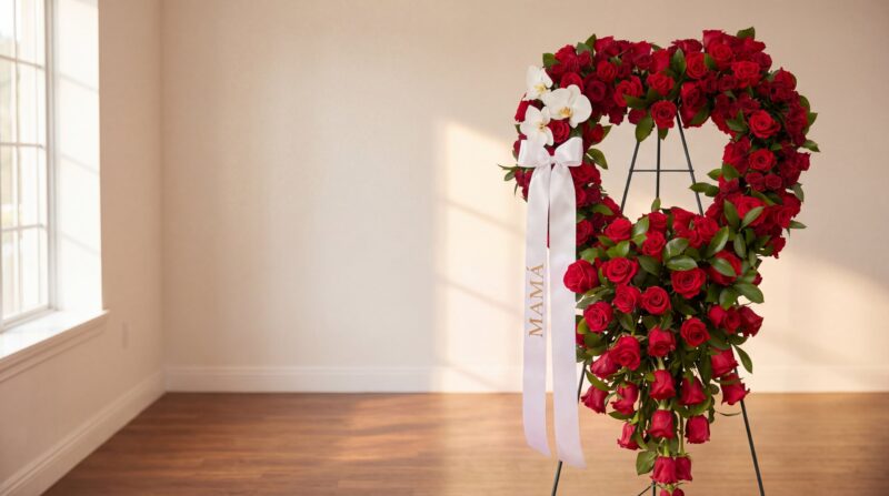 La corona Eternal Love de My Divine Decors, un corazón abierto de rosas rojas con orquídeas blancas, en un caballete en una sala de velación, con una cinta de satén blanca impresa en dorado que dice Mamá