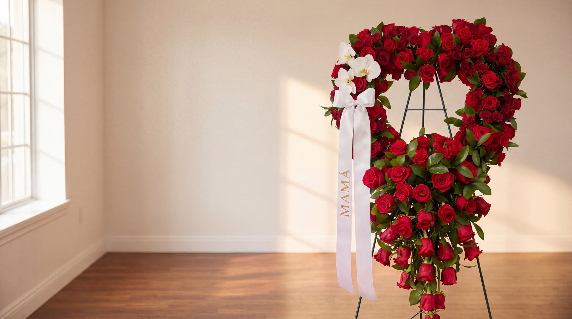 La corona Eternal Love de My Divine Decors, un corazón abierto de rosas rojas con orquídeas blancas, en un caballete en una sala de velación, con una cinta de satén blanca impresa en dorado que dice Mamá