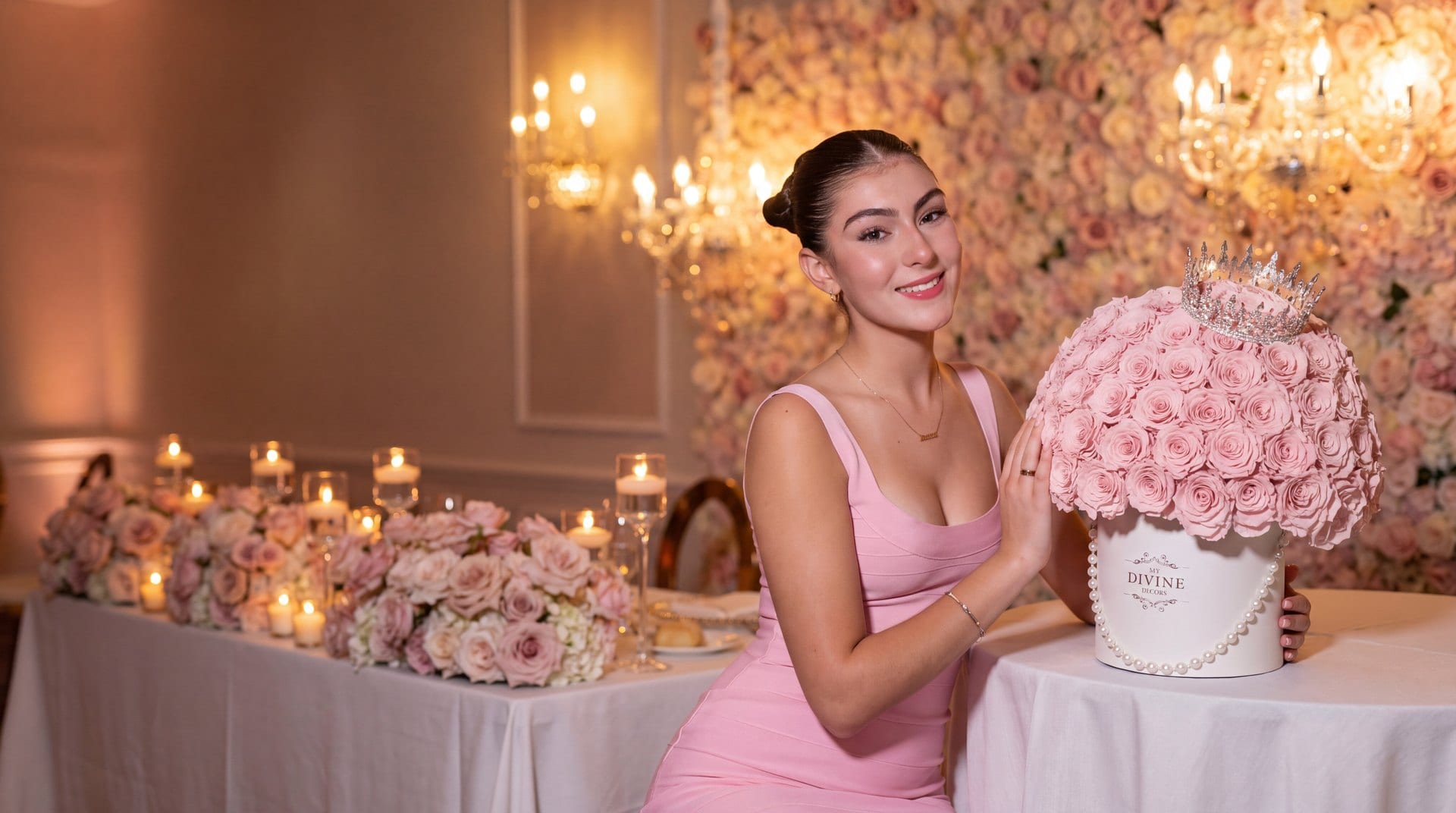 Quinceañera smiling beside a My Divine Decors hat box of pink preserved roses with a silver crown and pearls at the head table of her party hall in Miami