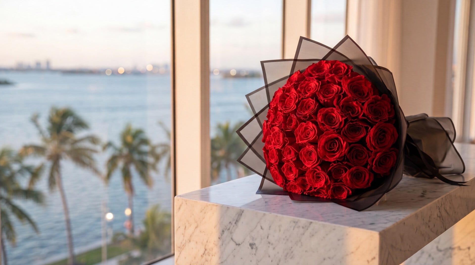 Ramo Buchon of red roses by My Divine Decors on a marble console in front of Biscayne Bay at sunset in Miami