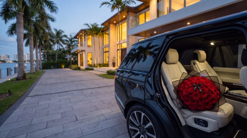 Ramo buchón de rosas rojas en papel negro de My Divine Decors en el asiento de cuero de una SUV de lujo frente a una casa en la bahía de Miami