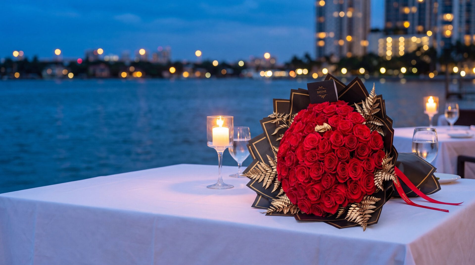 My Divine Decors ramo buchon of red roses with gold leather leaves in black and gold paper on a candlelit table by Biscayne Bay at dusk