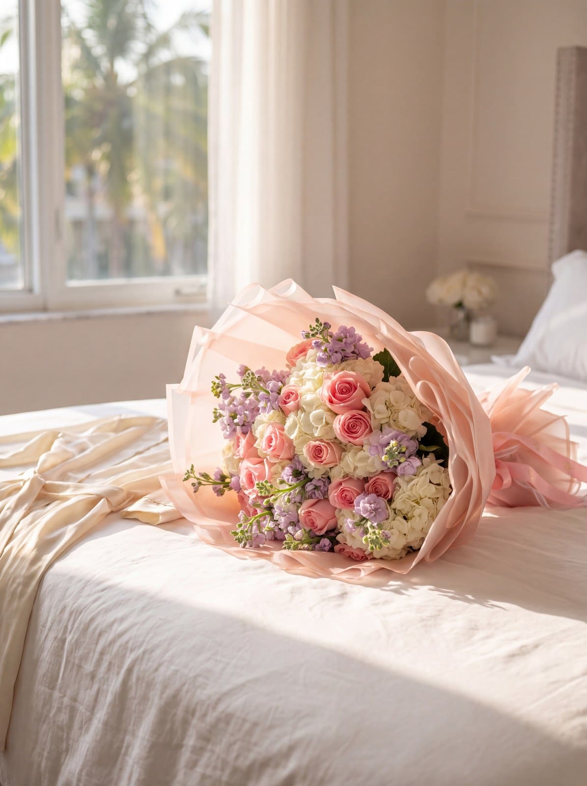 Ramo Hanna de My Divine Decors con rosas rosadas, hortensias blancas y alheli lila en papel rosado sobre una cama de lino blanco