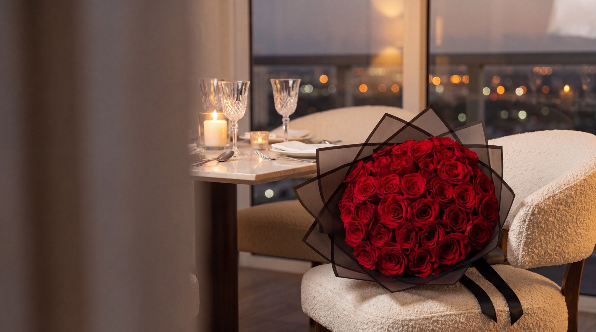 Ramo buchon de rosas rojas de My Divine Decors en un sillon junto a una mesa para dos de noche con la ciudad de Miami detras