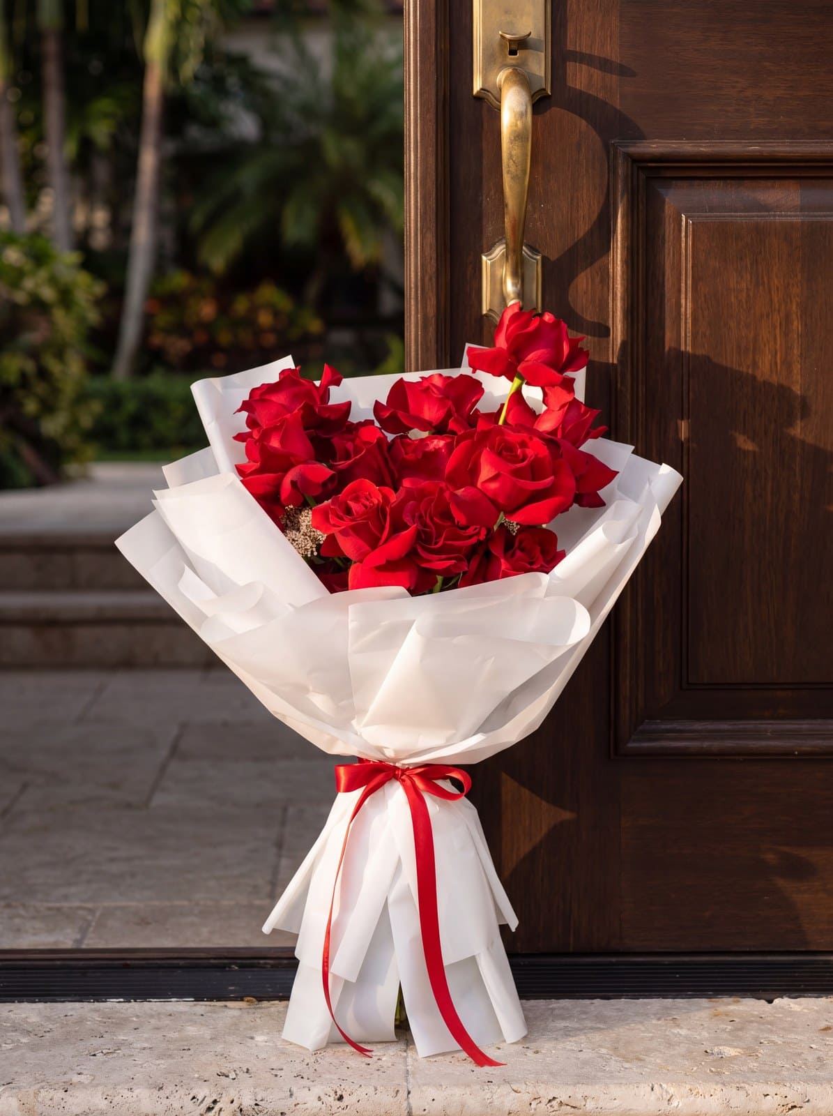 Reflexed red rose hand bouquet by My Divine Decors in white paper with a red ribbon waiting at the front door of a Coral Gables home